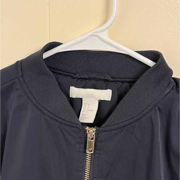 H&M Navy Bomber Jacket moto coat oversized Sz 8 Medium - Picture 3 of 10